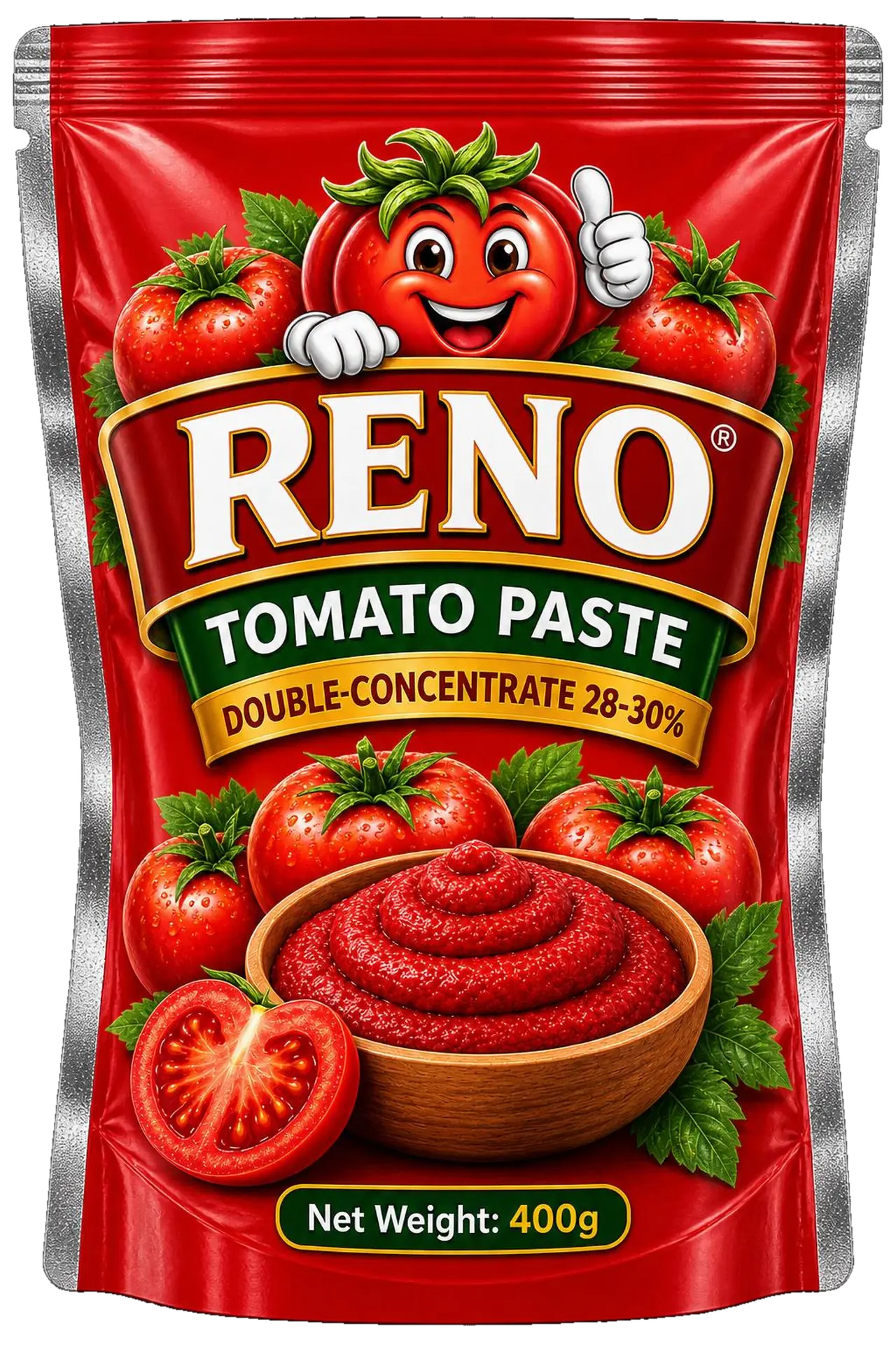 RENO Tomato Paste 400g pouch — product render.